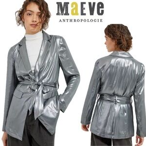 Maeve Anthropologie Zada Metallic Grey Silver Blazer Jacket Tie Waist Button 14